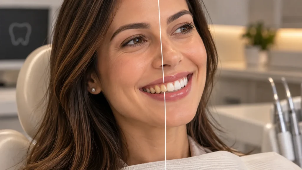 Clareamento dental com comparação visual de dentes antes e depois do tratamento