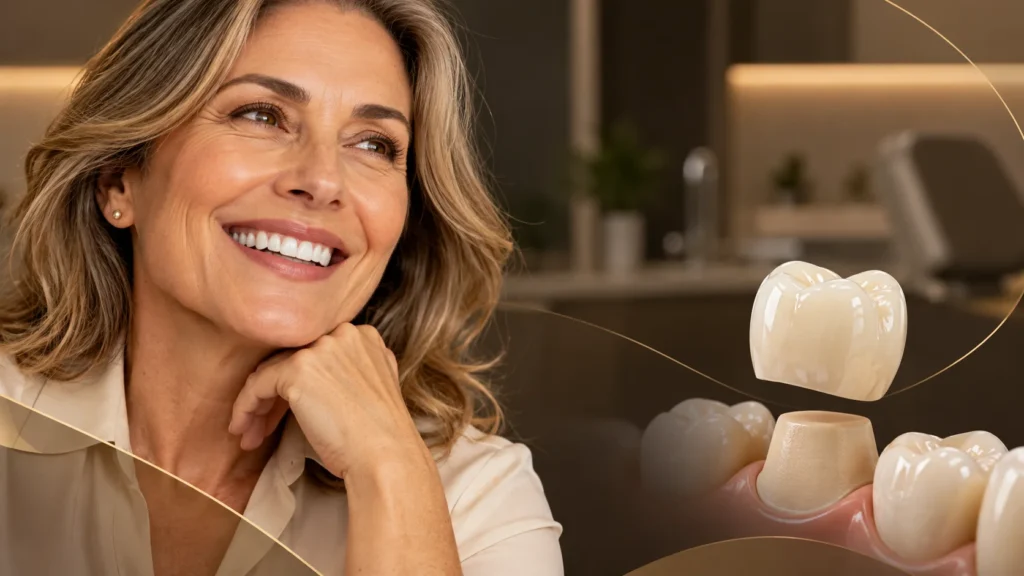 Paciente sorrindo ao lado de coroa de porcelana, ilustrando prótese e reabilitação oral em clínica de Ipanema
