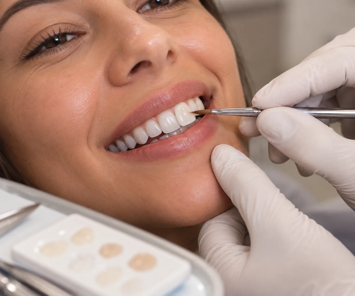 Dentista aplicando faceta de resina em dente anterior em clínica de Ipanema