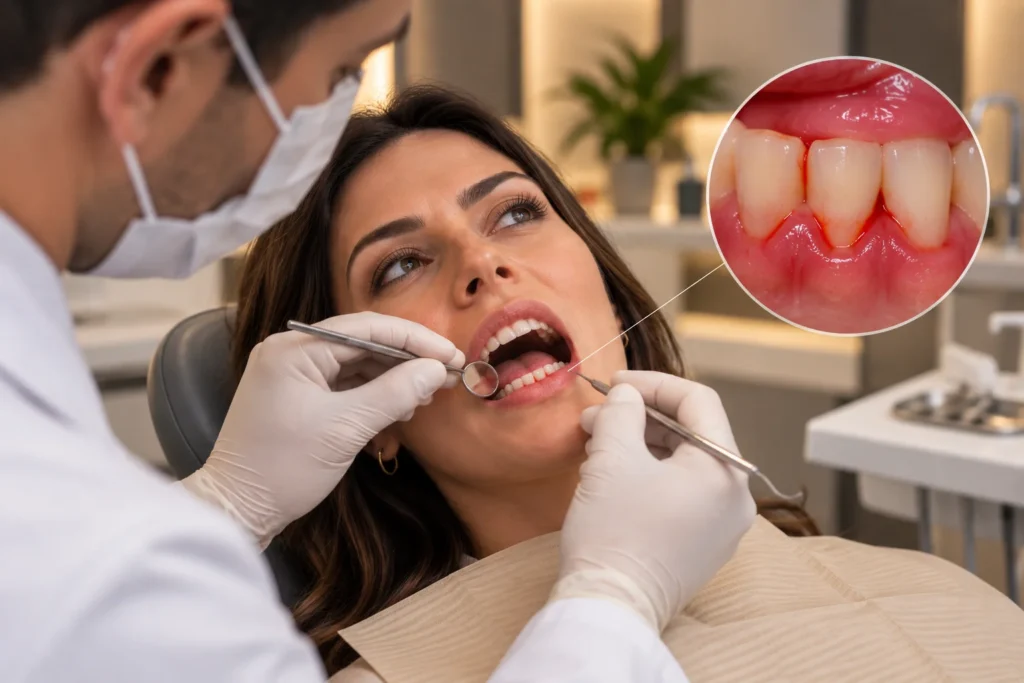 Dentista examinando a gengiva de paciente, com detalhe de gengiva inflamada, em clínica de Ipanema