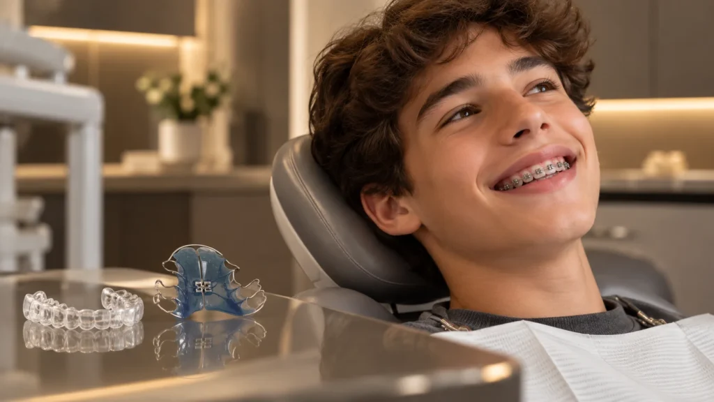 Adolescente com aparelho ortodôntico fixo em clínica, ao lado de alinhador transparente e aparelho removível