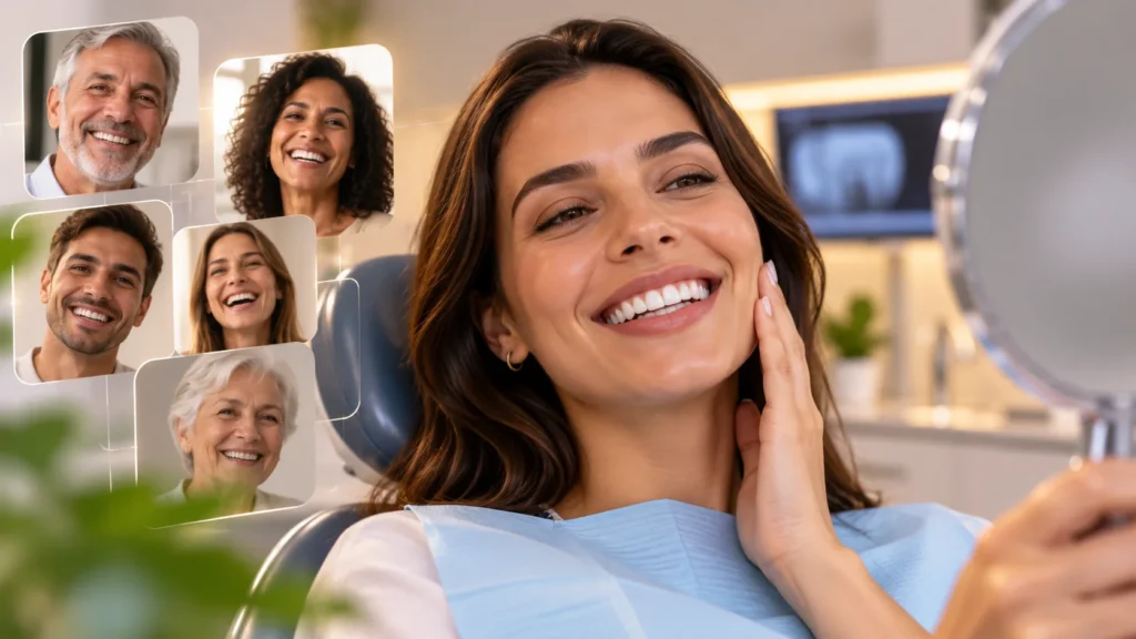 Paciente sorrindo em clínica odontológica após tratamento de estética dental em Ipanema